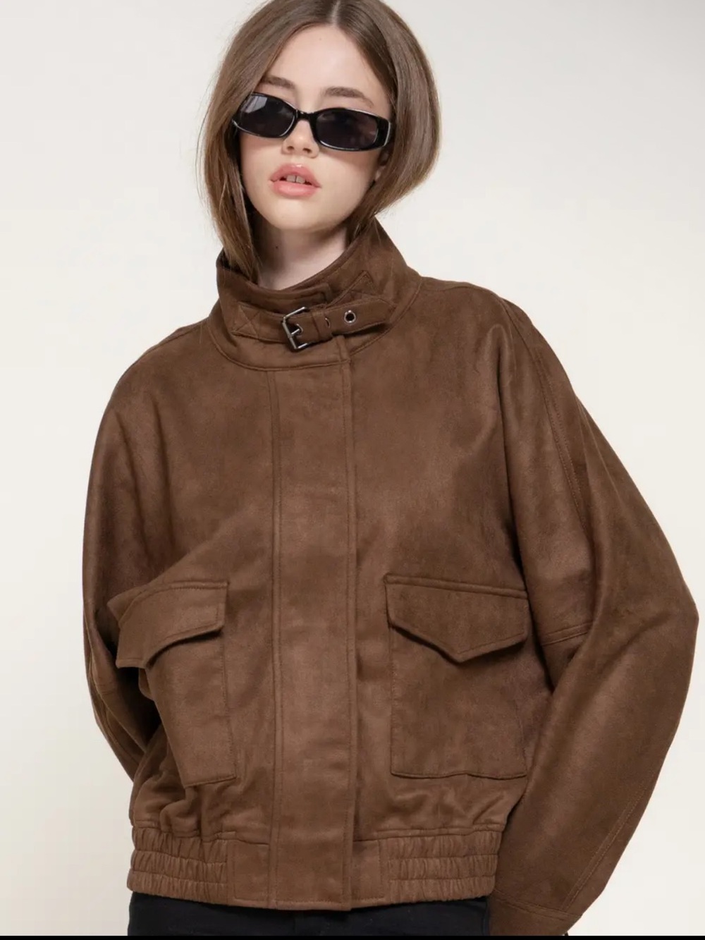 A566 Brown Faux  Suede Bomber Jacket with Buckle Collar